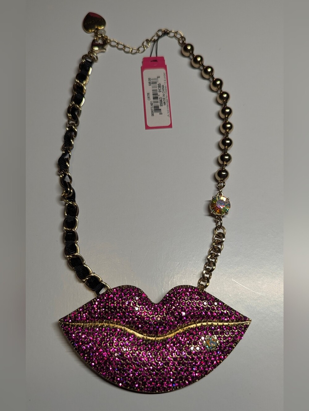Betsey Johnson Gold-Tone Necklace with Fuchsia Crystal Lip Pendant